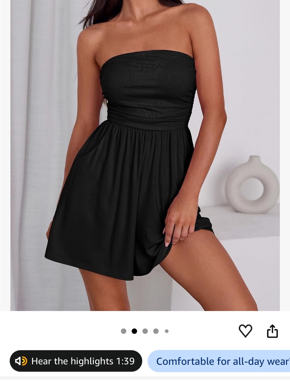 Strapless Black Tube Romper with Side Pockets